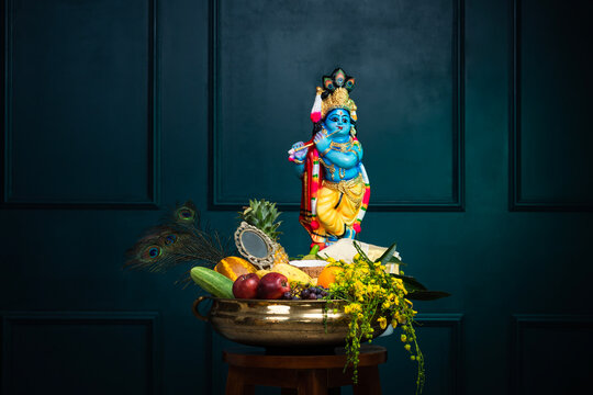 Vishu kani image, Lord krishna with kani arranged in brass uruli, happy Vishu 2024 background