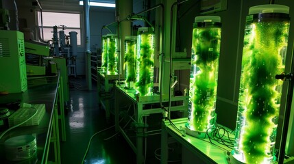 Bioreactors glowing in dim lab, algae biofuel production, green energy future ar 43