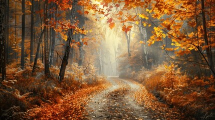Autumn forest nature. Vivid morning in colorful forest with sun rays through branches of trees.
