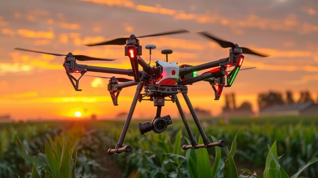 Drone flying over genetically modified crops, dawn lighting, innovation in agriculture ar 43