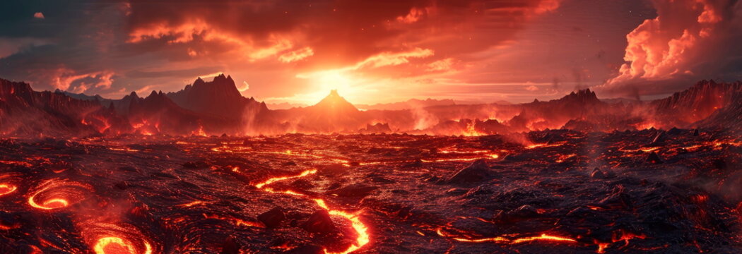 vast hellscape where fire is visible, beautiful and eerie landscapes. Generative AI
