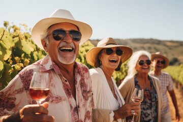 Group of joyful seniors enjoying wine tasting in a vineyard, sunny day

leisure, lifestyle, friendship, enjoyment, vineyard