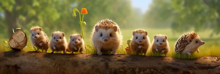 Little hedgehogs go for walks in the spring in search of food. Generative AI