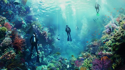Divers explore the underwater world, surrounded by the vibrant marine biodiversity of coral reefs.