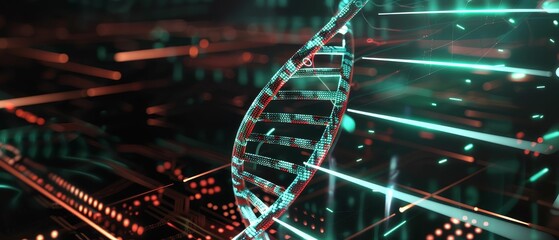 Neonlit DNA helix, futuristic biotech concept, merging technology with human genetics ar 169 - obrazy, fototapety, plakaty