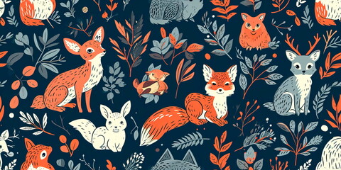 Obraz premium pattern with a woodland-inspired design, featuring forest animals and nature motifs. Generative AI