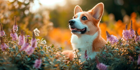 cute corgi dog sitting among various flowers . Generative AI