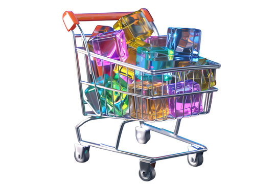 A transparent shopping cart containing blocks in various colors, set against a white background