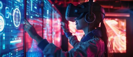 Virtual reality escape room set in a cyberpunk metropolis, challenging players with puzzles that teach coding and cybersecurity