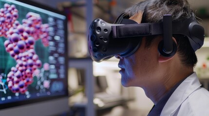 Virtual reality in biotech, scientist exploring 3D molecular structures, innovation leap ar 72