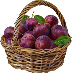 Fototapeta na wymiar Ripe plums with green leaves in a wicker basket cut out png on transparent background