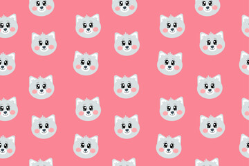 Seamless pattern on pink background with cute kawaii cat, kitty, kitten grey face, head for nursery, print or textile for kids