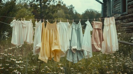 Vintage Clothes Drying on Line in Rustic Countryside Setting