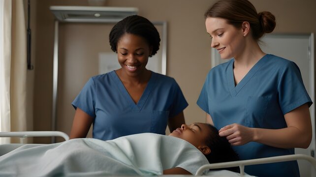 A diverse group of midwives working together in a delivery room. A midwife comforting a pregnant woman during labor. A midwife providing prenatal care to a patient in a rural setting. - Powered by Adobe
