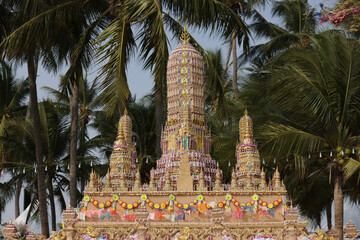 Forming sand pagodas , Songkran festival at Bangsean Chonburi Thailand
