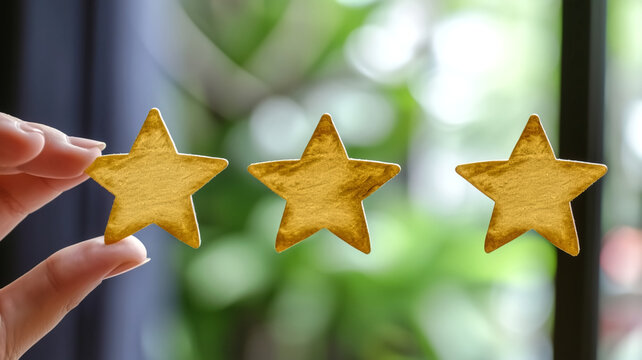 Hand holding a golden star with two others in alignment. Rating and feedback concept, suitable for design and print in business, service quality, and evaluation themes. Bokeh background