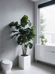 Toilet room or bathroom, white walls, green tropical plants, scandinavian interior