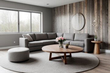 Modern interpretation of scandinavian interior. Rough wood planks, grey walls, window, sofa and table