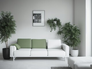 Interior - couch, green plants and white walls, abstract painting