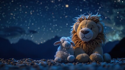 A plush lion and sheep toy sitting under a night sky filled with stars, creating a serene and whimsical scene, ideal for children's bedtime stories or as a comforting nightlight image