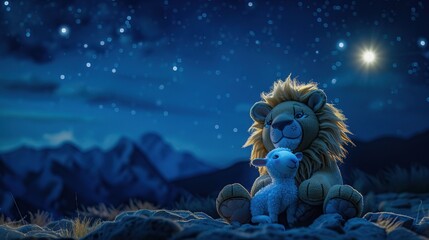 A plush lion and sheep against a backdrop of the majestic night sky, invoking tales of friendship...