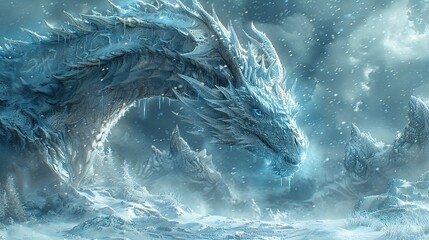 A frost dragon unfurls its wings in a snowy realm, icy breath swirling around, a scene from a mythical epic, perfect for fantasy enthusiasts and multimedia projects - obrazy, fototapety, plakaty