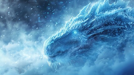 Obraz premium An intense close-up of a frost dragon's face, icy scales glistening, embodying the essence of winter fantasy, an ideal subject for book covers and mystical themes