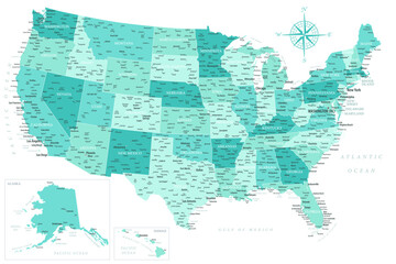 United States - Highly Detailed Vector Map of the USA. Ideally for the Print Posters. Turquoise Blue Green Spot Beige Retro Style - obrazy, fototapety, plakaty