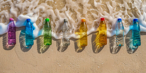 Assorted plastic bottles lined up on sandy beach