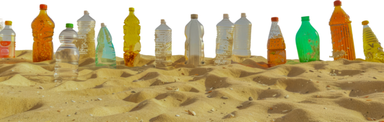 Assorted plastic bottles lined up on sandy beach cut out png on transparent background