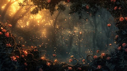 A mystical garden illuminated by twilight, featuring a symphony of flowers and intricate vines against a backdrop of shimmering lights, ideal for storytelling, fantasy backgrounds