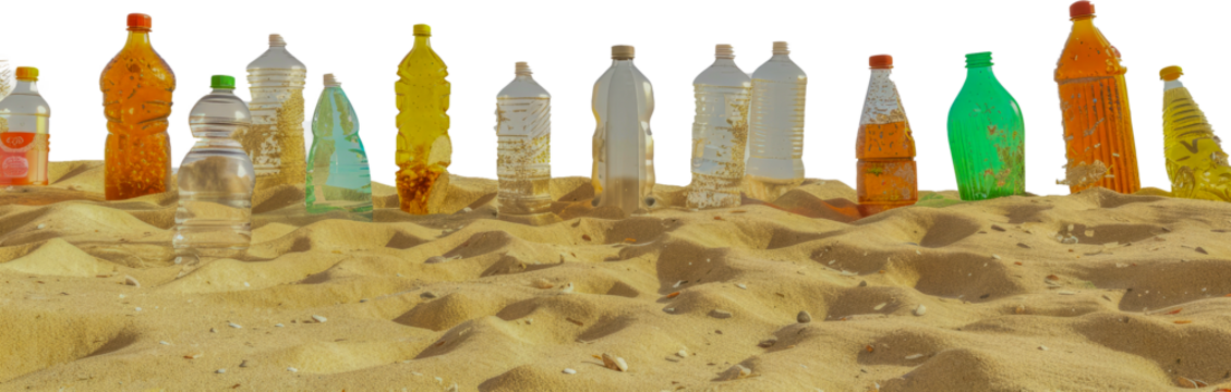 Assorted plastic bottles lined up on sandy beach cut out png on transparent background
