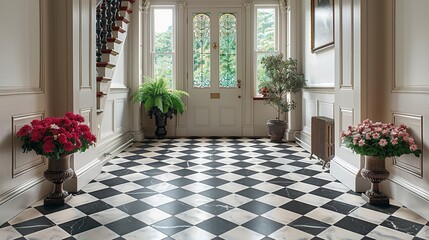 A classic hallway featuring traditional black and white checkered flooring, flanked by lush...