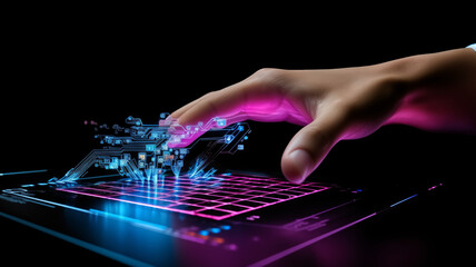 Hand interacting with futuristic digital interface on a laptop. Cyber security and technology concept with neon circuit graphics. Suitable for design and print in tech and innovation themes