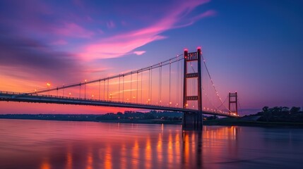Obraz premium Serene Sunset at the Suspension Bridge Over Water