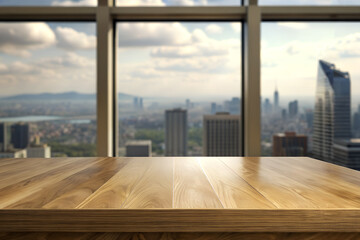 A serene city view through windows, with a wooden table surface in the foreground, ideal for mockup