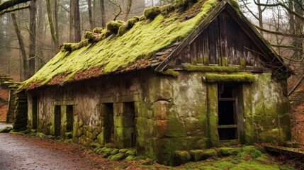 Ancient dwelling featuring lush moss roof