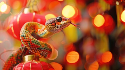 Fototapeta premium Vibrant Corn Snake Amidst Red Lanterns Bokeh