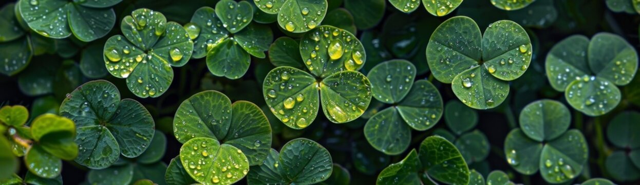 Top view of the lush green leaves of a water clover with water droplets on them