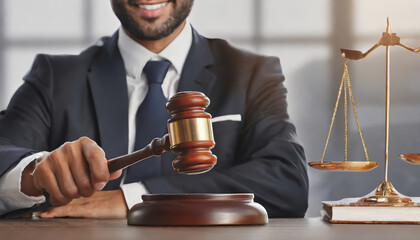 Lawyer or judge holding Hammer prepares to judge the case with justice, and litigation, scales of justice, law hammer, Legal consulting services, Concept of litigation, and legal services