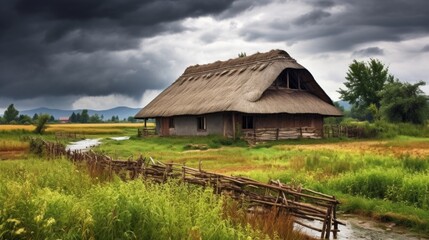 Fototapeta na wymiar Traditional thatched roof house enduring storm