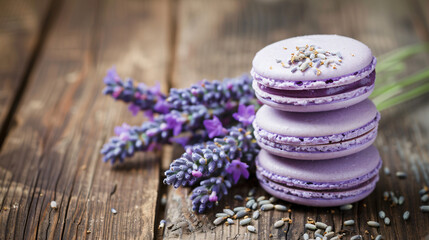 Macarons with lavender flower on wooden background