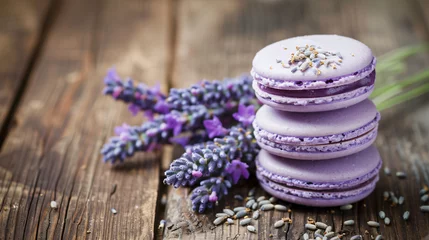 Fotobehang Macarons with lavender flower on wooden background © Muhammad