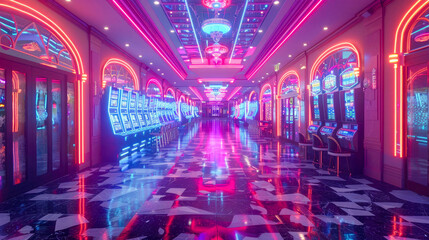 The interior of the hotel and casino retro arcade game room with slot machine and neon lights