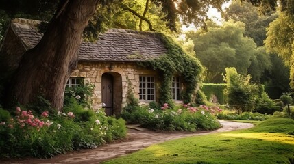 Fototapeta na wymiar Tranquil garden surrounds ancient stone cottage