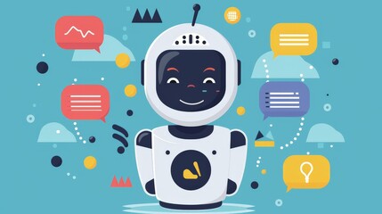 AI-Powered Insights: Chatbot Analyzing Data to Optimize Brand Sentiment and Strategy,a friendly chatbot surrounded by data points and messages, highlighting the role of AI in analyzing sentiment