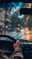 A person driving a car in the rain