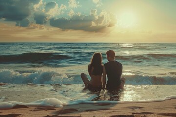 Obraz premium Summer Love: Romantic Couple Embracing by the Sea