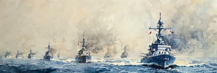 Watercolor painting of a battleship. A battleship is a ship that was built for use in warfare. Warships will be
 built completely different from merchant ships. Use for wallpaper, posters, postcards.