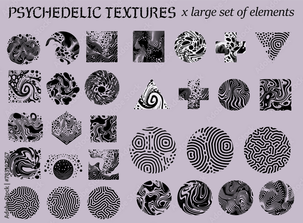 Poster Set of different shapes with psychedelic trippy pattern resembling ink blots and stains. Perfect for science and technology subject illustrations.